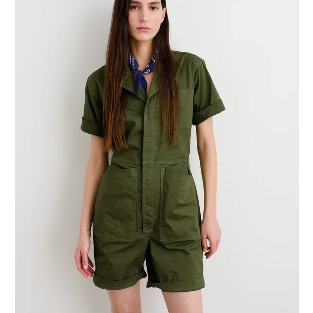 ALEX MILL NWT $178 Standard Short Jumpsuit in Cotton Twill Green Size Small